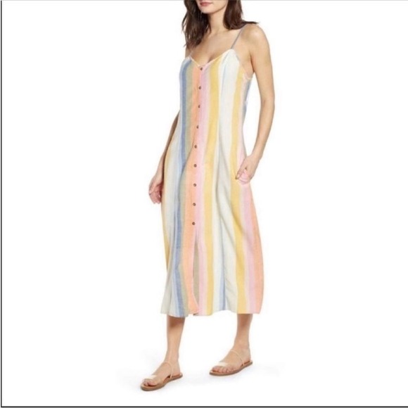 Billabong Lucky Us Striped Sleeveless Midi Dress Pastel Multi Large - Picture 2 of 16